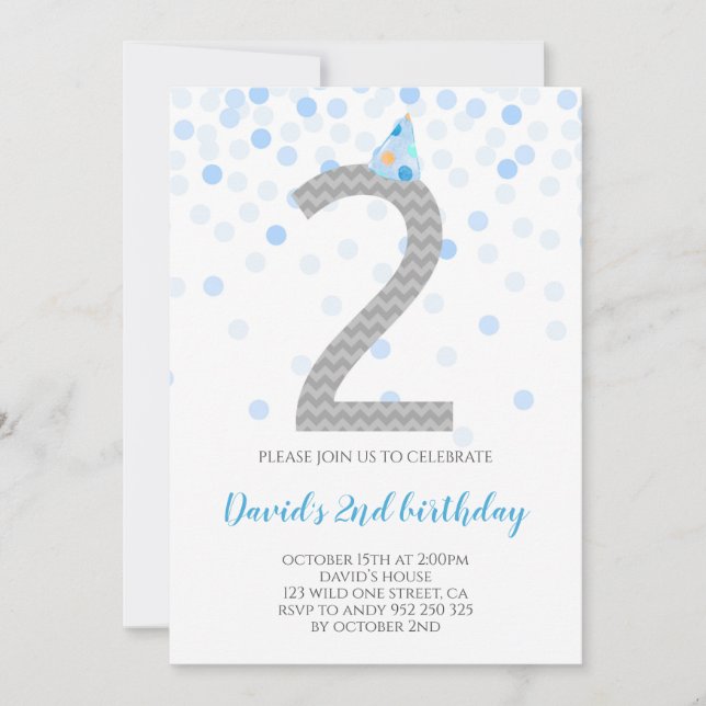 Invitation Blue Confetti Boy Party 2e anniversaire (Devant)