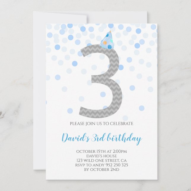 Invitation Blue Confetti Boy Party 3e anniversaire (Devant)