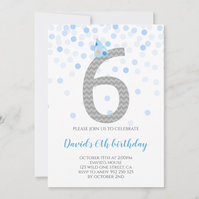 Invitation Blue Confetti Boy Party 6e anniversaire (Devant)