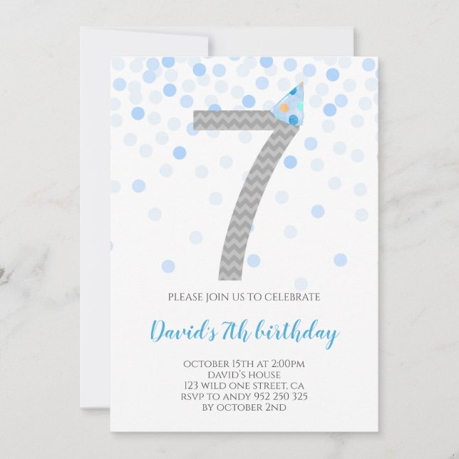 Invitation Blue Confetti Boy Party 7e anniversaire (Devant)