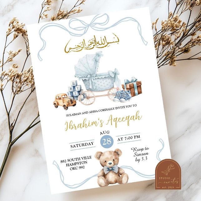 Invitation Blue Coquette Baby Carriage Baby shower arabe (Créateur téléchargé)