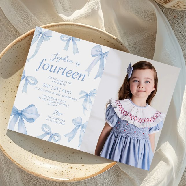 Invitation Blue Coquette Bow Girl Birthday Party Photo (Créateur téléchargé)
