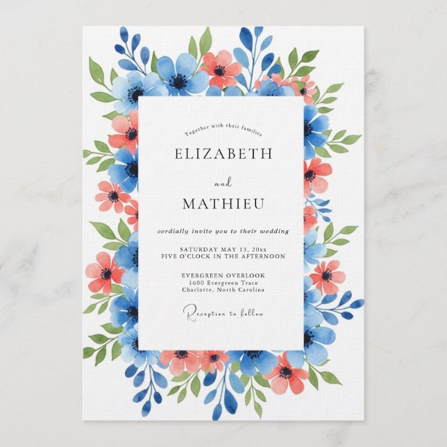 Invitation Blue Coral Painterly Floral Wedding (Devant)