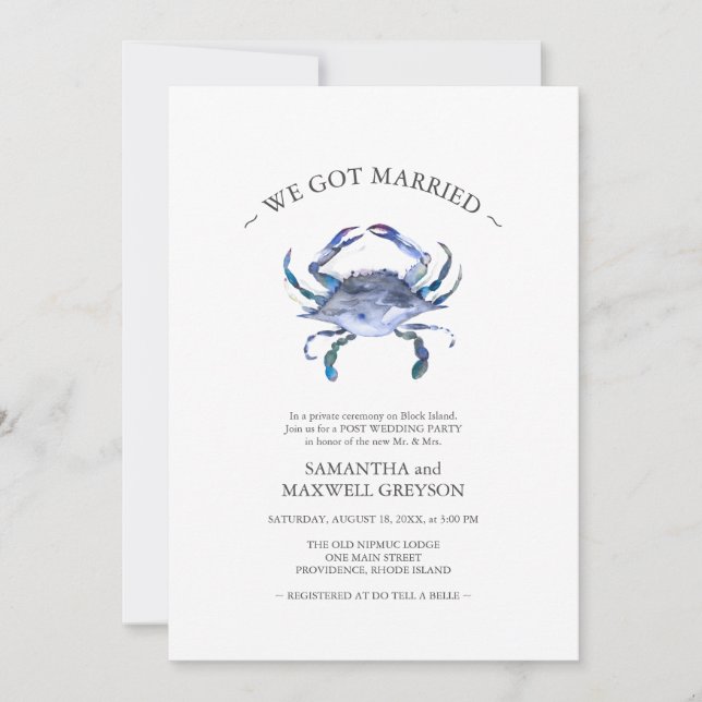 Invitation Blue Crab Post Beach Wedding Party (Devant)