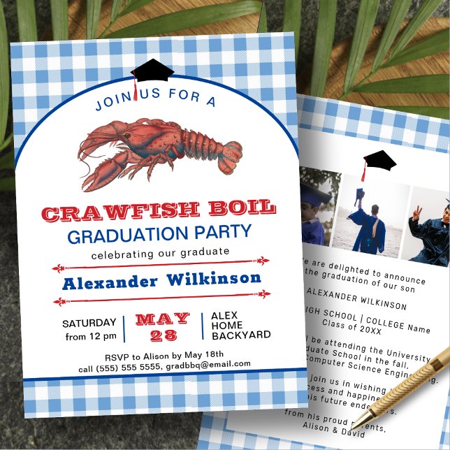 Invitation Blue Crawfish Boil 3 Photo Graduation BBQ Party (Créateur téléchargé)