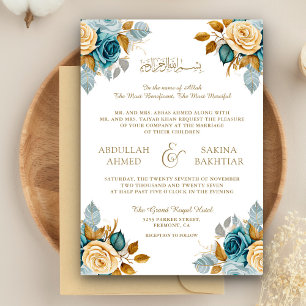 Invitation Blue Cream Floral Gold QR Code Musulman Mariage