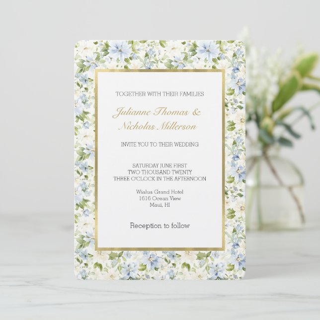 Invitation Blue Cream Floral Wedding (Debout devant)