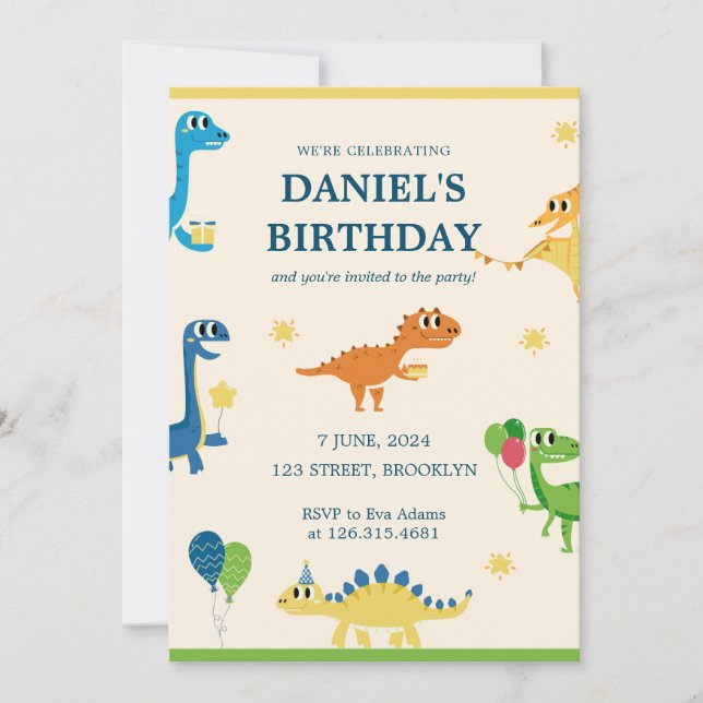 Invitation Blue Cream Fun Dinosaure pour enfants fête d'anniv (Devant)