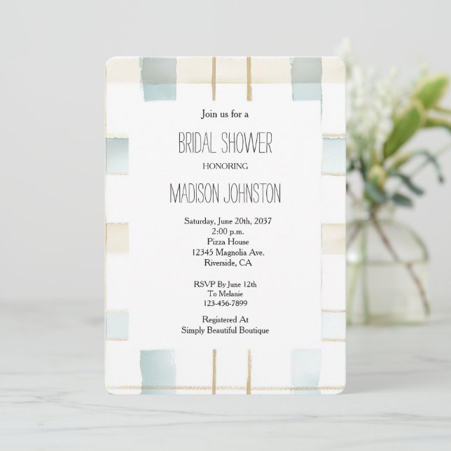 Invitation Blue Cream White Plaid Stripes Bridal Shower (Debout devant)