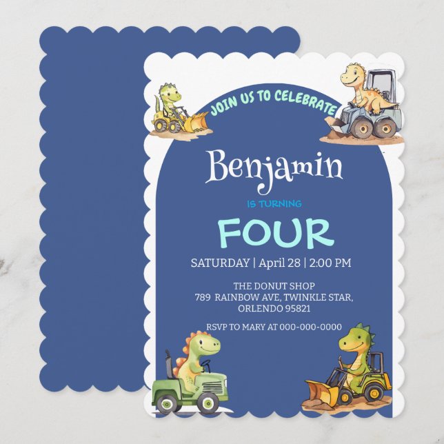 Invitation Blue Cute dinosaur tracteur Rainbow School Anniver (Devant / Derrière)