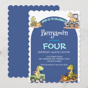 Invitation Blue Cute dinosaur tracteur Rainbow School Anniver