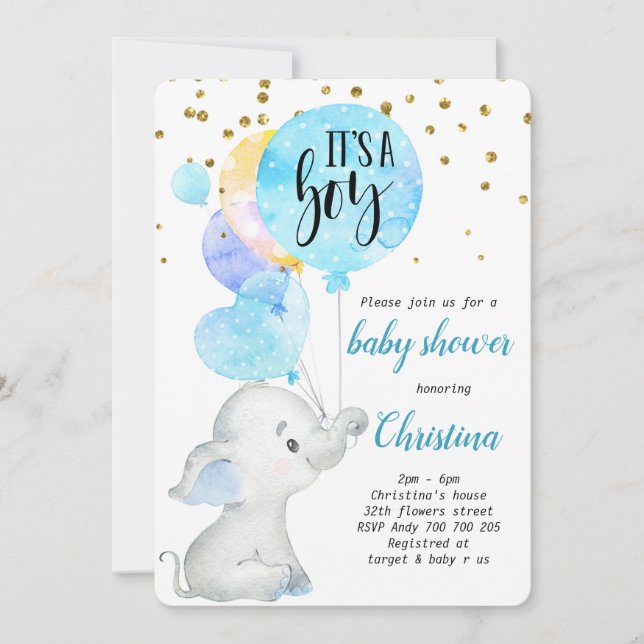 Invitation Blue Cute Elephant Baby Boy Douche Balloon (Devant)