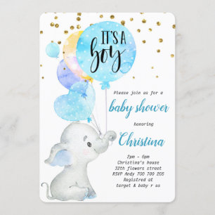 Invitation Blue Cute Elephant Baby Boy Douche Balloon