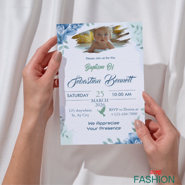Invitation Blue Cute Floral Custom Photo Baptême Religieux (Créateur téléchargé)