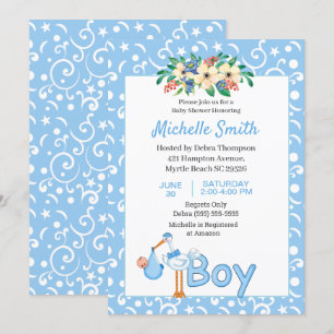 Invitation Blue Cute Stork Boy Floral Baby shower