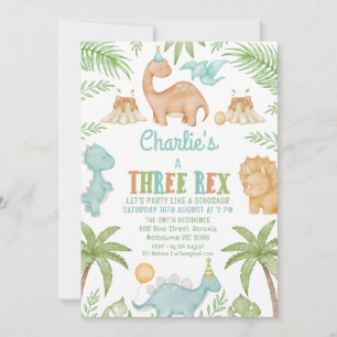 Invitation Blue Cute Three Rex Dinosaur 3e anniversaire