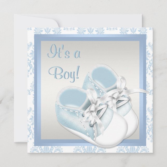 Invitation Blue Damask Chaussures Blue Damask Baby Boy Shower (Devant)