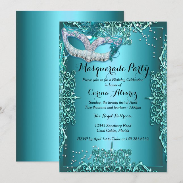 Invitation Blue Damask Masquerade party Anniversaire Invitati (Devant / Derrière)