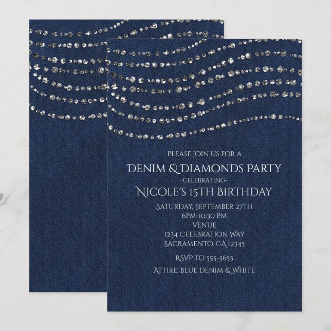 Invitation Blue Denim & Diamonds Sparkling Birthday Party (Devant / Derrière)