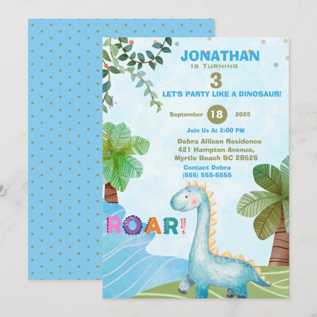 Invitation Blue Dinosaur Enfants T Rex fête d'anniversaire (Devant / Derrière)
