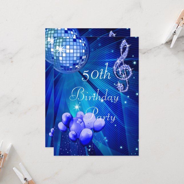 Invitation Blue Disco Ball et ballons 50e anniversaire Invita (Devant/Arrière en situation)