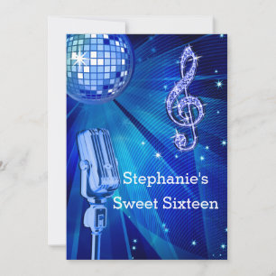 Invitation Blue Disco Ball et rétro Microphone Sweet 16
