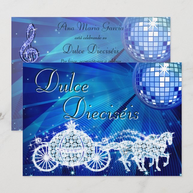 Invitation Blue Disco Ball, Princess Coach & Horses Sweet 16 (Devant / Derrière)
