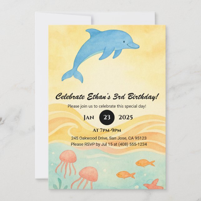 Invitation Blue Dolphin & Jellyfish Ocean Scene Anniversaire (Devant)