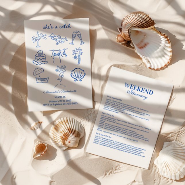 Invitation Blue Doodle Tropical She's a Catch Bachelorette  (Créateur téléchargé)