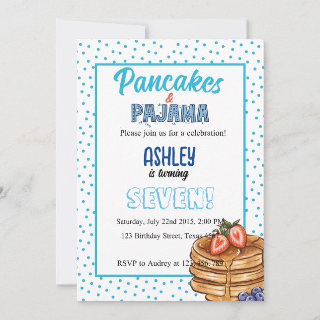 Invitation Blue Dot Pancakes et Pyjamas Anniversaire (Devant)