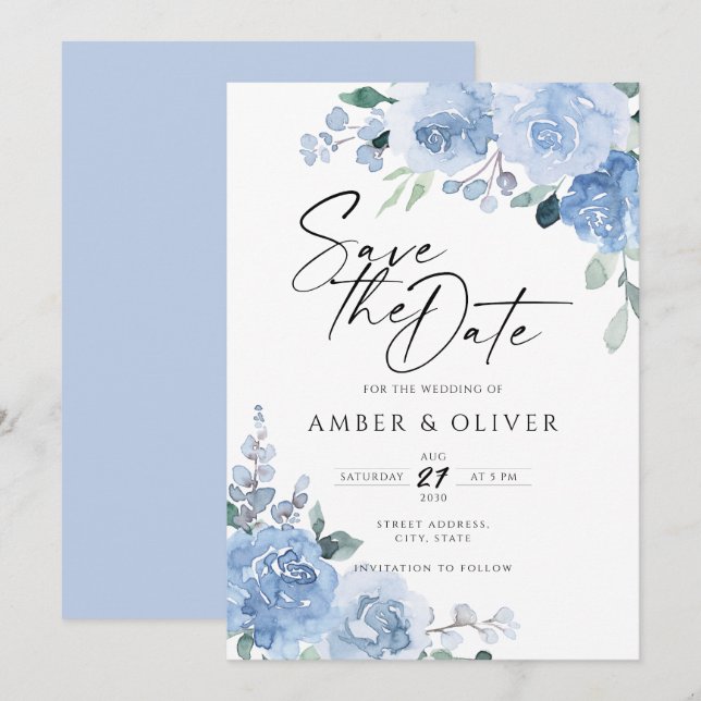 Invitation Blue Dusty Floral Feuilles Bleu Lumière Enregistre (Devant / Derrière)