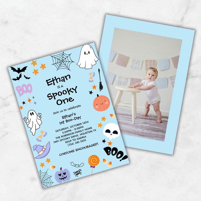 Invitation Blue Éffrayant One mignonne Photo Halloween 1er an (Blue Spooky One Cute Photo Halloween 1st Birthday Invitation )