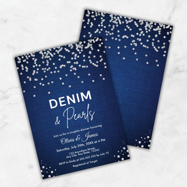 Invitation Blue Elegant Denim et Pearls Couple's Shower (Blue Elegant Denim and Pearls Couple's Shower Invitation     )