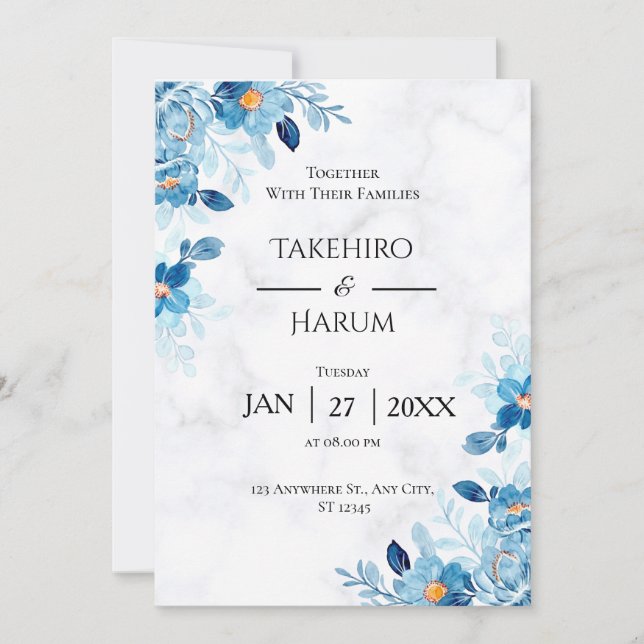 Invitation Blue Elegant flower summer wedding (Devant)