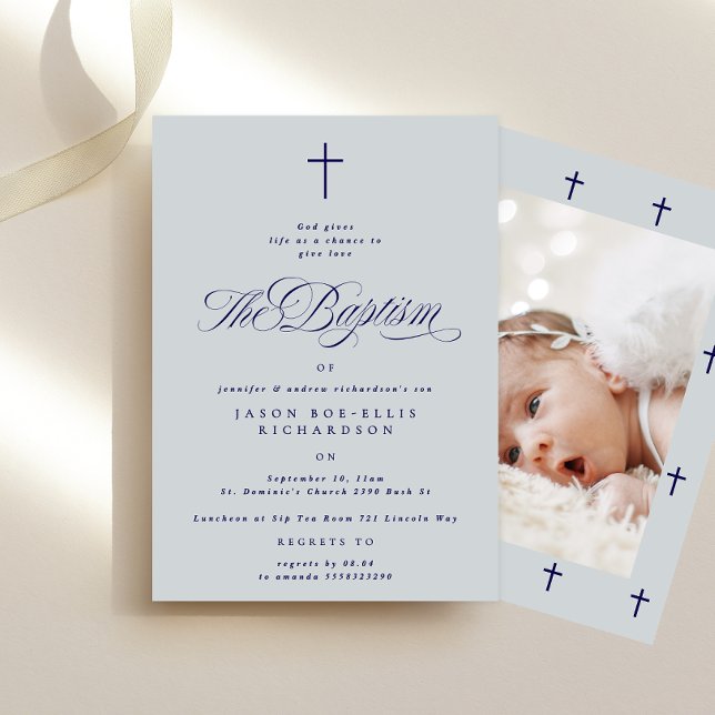 Invitation Blue Elegant Navy Cross Boy Photo Baptême (Créateur téléchargé)