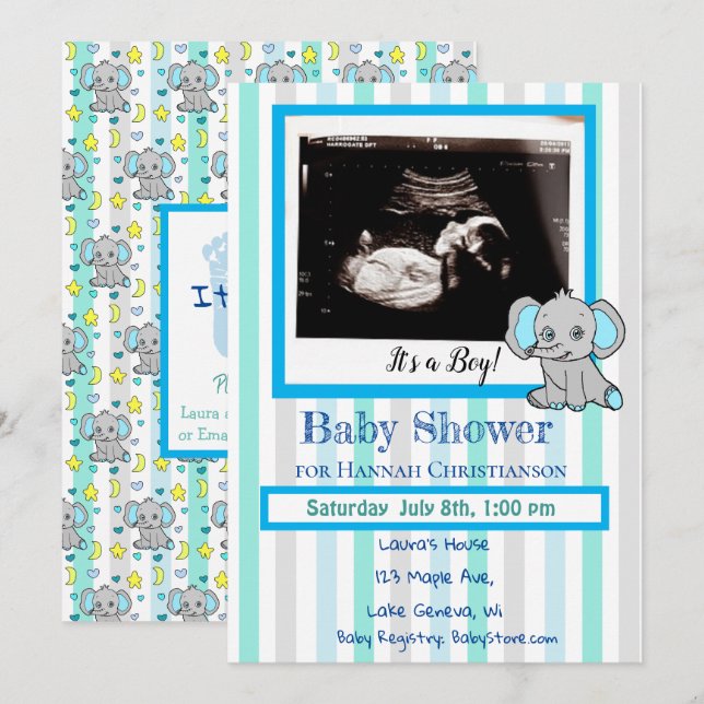 Invitation Blue Elephant Baby Boy Ultrasound Baby shower (Devant / Derrière)