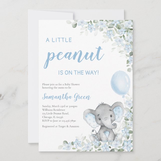 Invitation Blue Elephant Baby Shower (Devant)