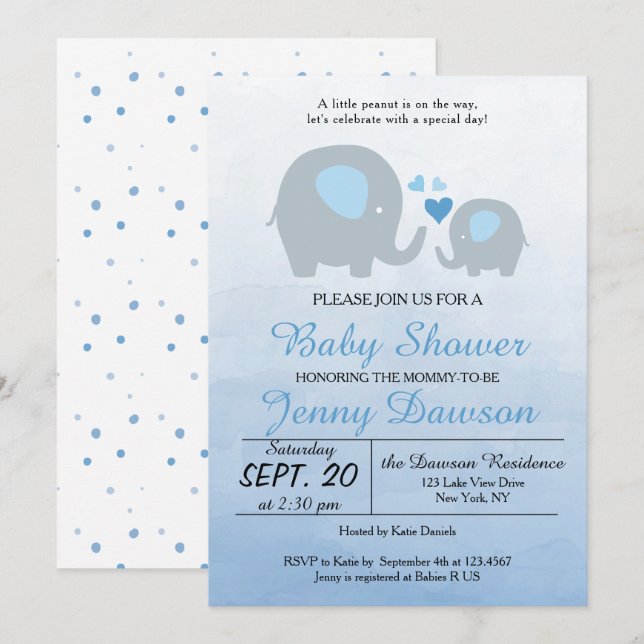 Invitation Blue Elephant Baby shower Party (Devant / Derrière)