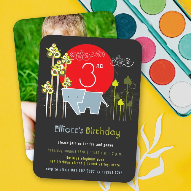Invitation Blue Elephant Dans La Fête D'Anniversaire Du Garço (Blue Elephant In The Forest Kid's Birthday Party Photo Invitation Card @ fat_fa_tin)