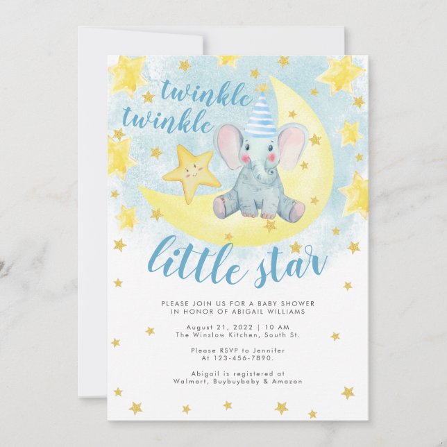 Invitation Blue Elephant Gold Twinkle Baby shower Little Star (Devant)