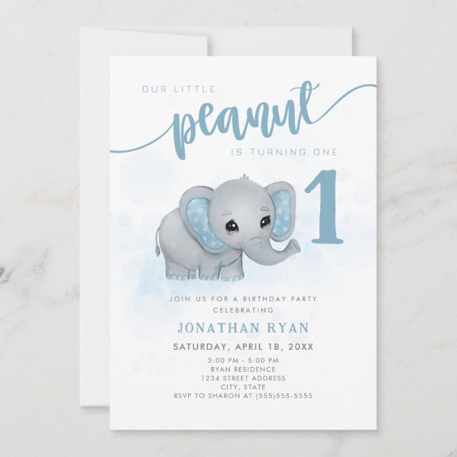 Invitation Blue Elephant Our Little Peanut Premier Anniversai (Devant)