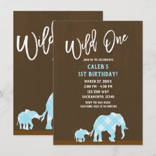 Invitation Blue Elephants Brown Moderne SAUVAGE UN 1ER annive