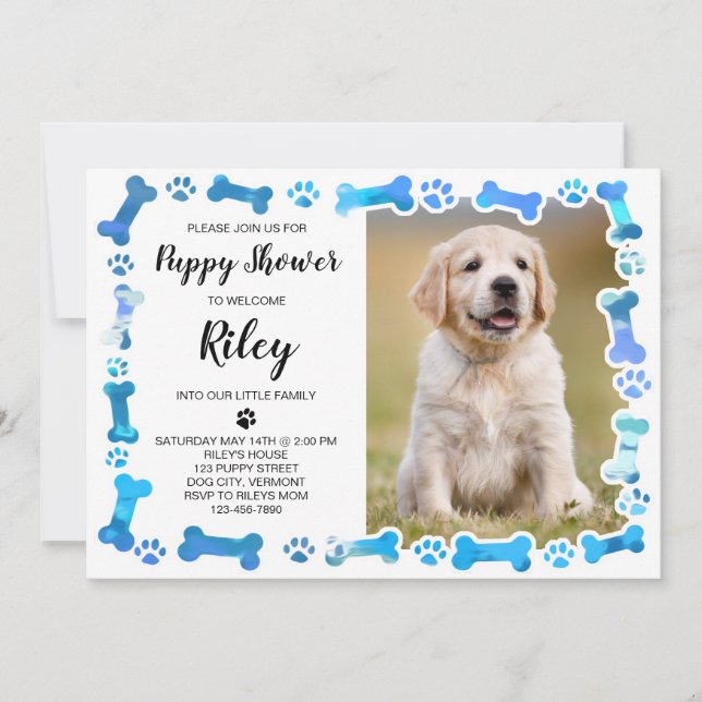 Invitation Blue Empreintes de pattes Bones New Pet Chien Chie (Devant)