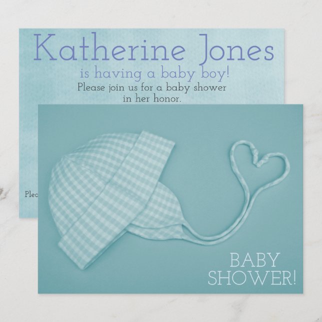 Invitation Blue en vichy coeur casquette bébé garçon douche i (Devant / Derrière)