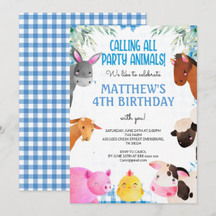 Invitation Blue En vichy Farm Animaux Garçon Anniversaire Bar