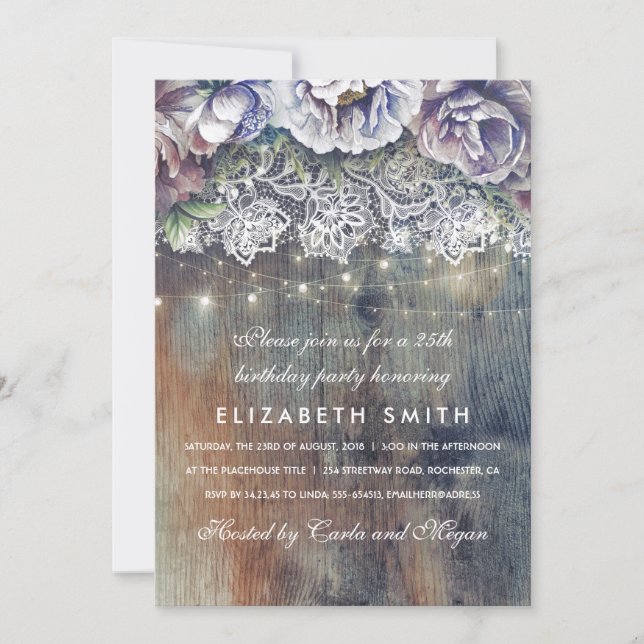Invitation Blue et Maroon Rustic Floral fête d'anniversaire (Devant)