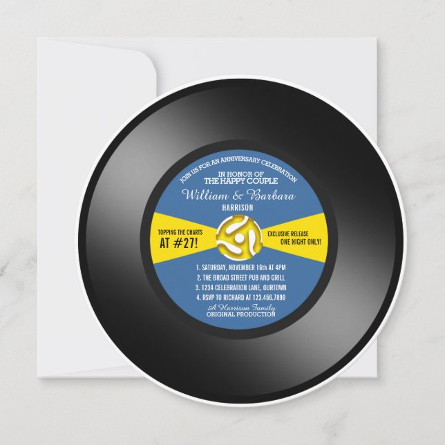 Invitation Blue Étiquette Vinyl 45 Record Anniversary Party (Devant)