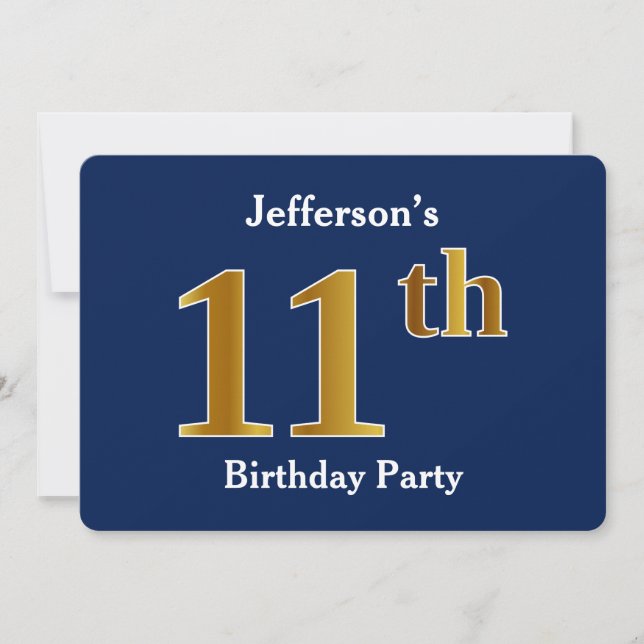 Invitation Blue, Faux Gold 11e fête d'anniversaire + Nom pers (Devant)