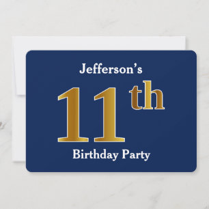 Invitation Blue, Faux Gold 11e fête d'anniversaire + Nom pers