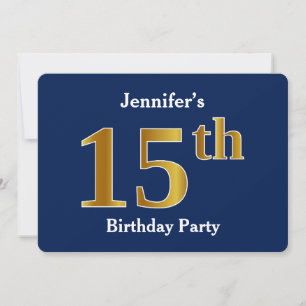 Invitation Blue, Faux Gold 15e fête d'anniversaire + Nom pers